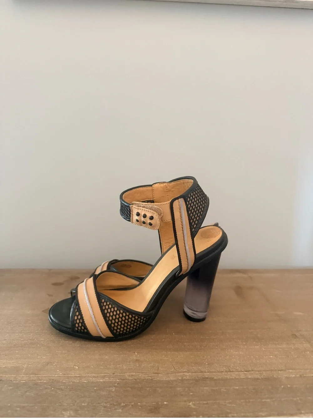 L.A.M.B. Black and Tan Mesh Ankle-Strap Block Heels